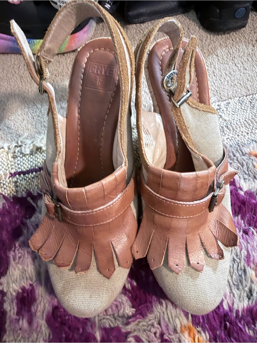 FRYE Tan Fringe Slingback Heels Vintage